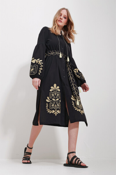 Women's Black Collared Belt Double Slit Linen Dress ALC-X11570 - 3