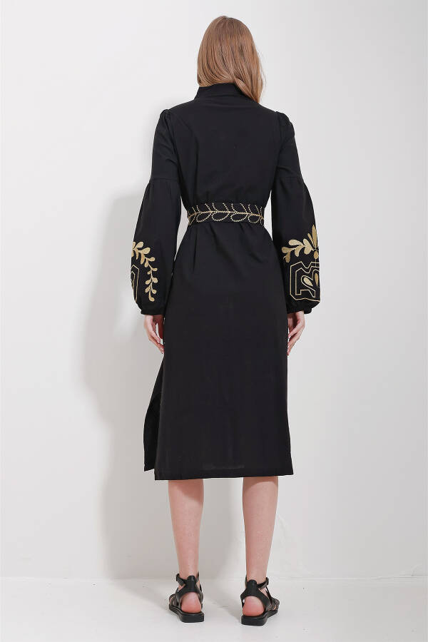 Women's Black Collared Belt Double Slit Linen Dress ALC-X11570 - 4