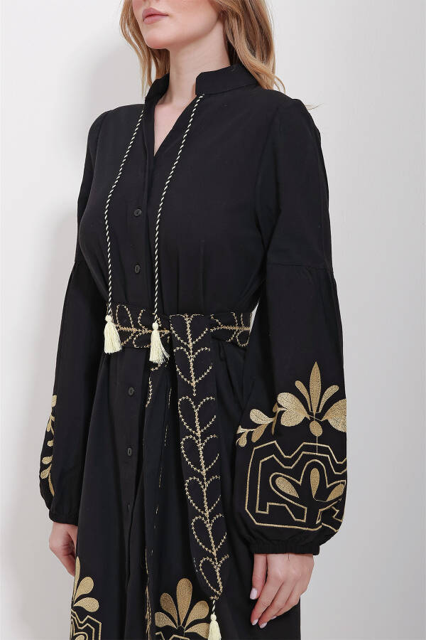 Women's Black Collared Belt Double Slit Linen Dress ALC-X11570 - 5