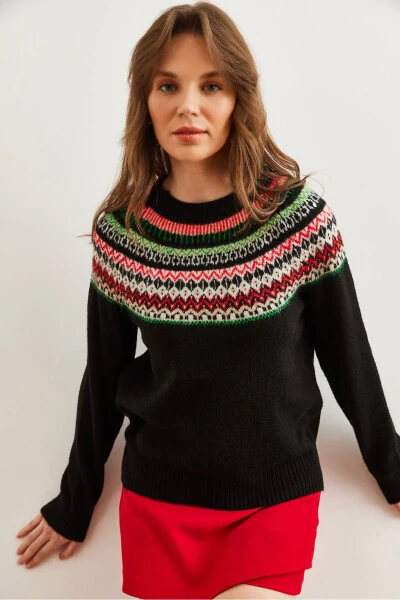 Women's Black Collared Patterned Soft Textured Knitted Sweater KZK-19000846 - 1