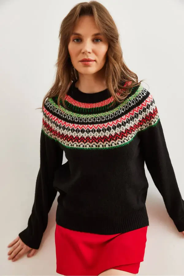 Women's Black Collared Patterned Soft Textured Knitted Sweater KZK-19000846 - 1