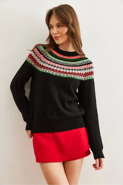 Women's Black Collared Patterned Soft Textured Knitted Sweater KZK-19000846 - 2