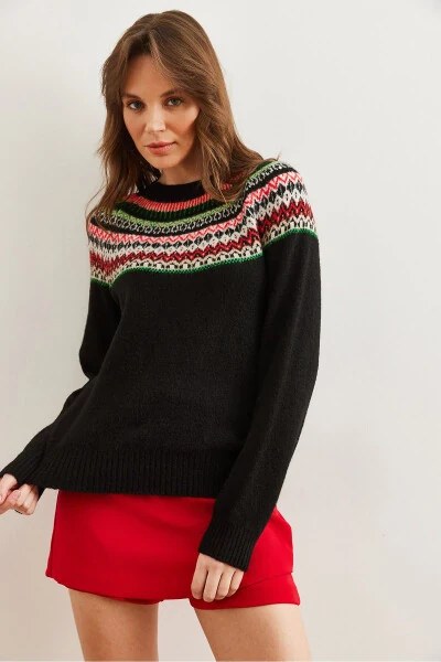 Women's Black Collared Patterned Soft Textured Knitted Sweater KZK-19000846 - 3