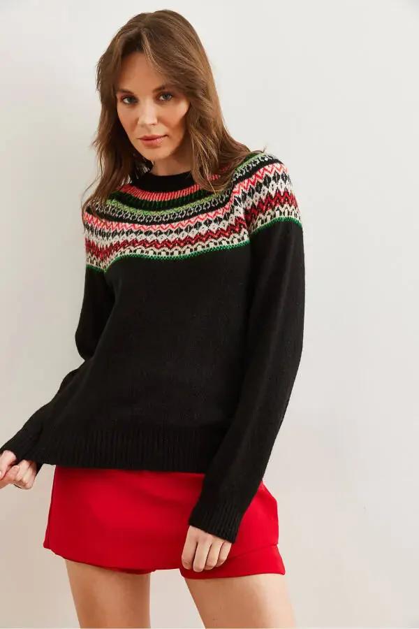 Women's Black Collared Patterned Soft Textured Knitted Sweater KZK-19000846 - 3