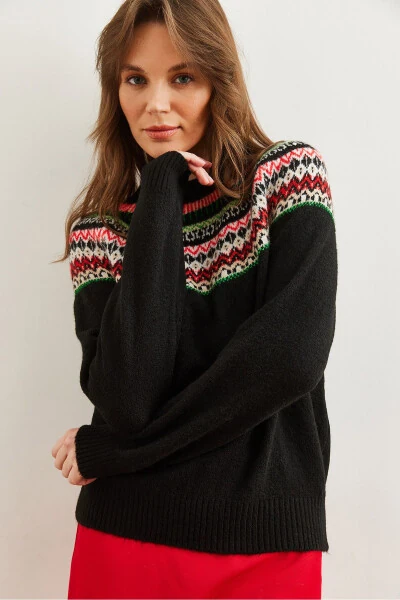 Women's Black Collared Patterned Soft Textured Knitted Sweater KZK-19000846 - 4