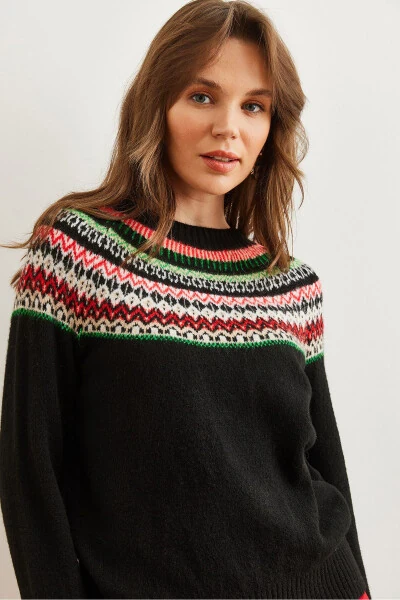 Women's Black Collared Patterned Soft Textured Knitted Sweater KZK-19000846 - 5