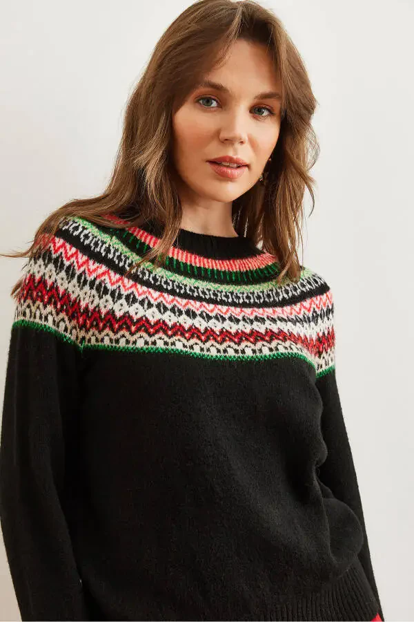 Women's Black Collared Patterned Soft Textured Knitted Sweater KZK-19000846 - 5