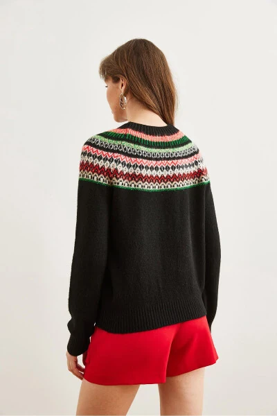 Women's Black Collared Patterned Soft Textured Knitted Sweater KZK-19000846 - 6