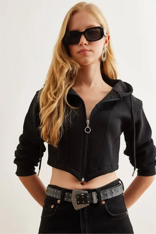 Women's Black Corset Detailed Hooded Thistle Crop Sweatshirt SWT-19000657 - 1