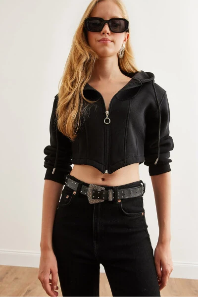 Women's Black Corset Detailed Hooded Thistle Crop Sweatshirt SWT-19000657 - 2