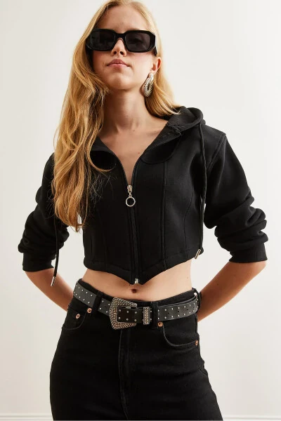 Women's Black Corset Detailed Hooded Thistle Crop Sweatshirt SWT-19000657 - 4