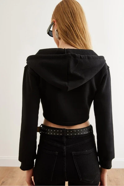 Women's Black Corset Detailed Hooded Thistle Crop Sweatshirt SWT-19000657 - 5