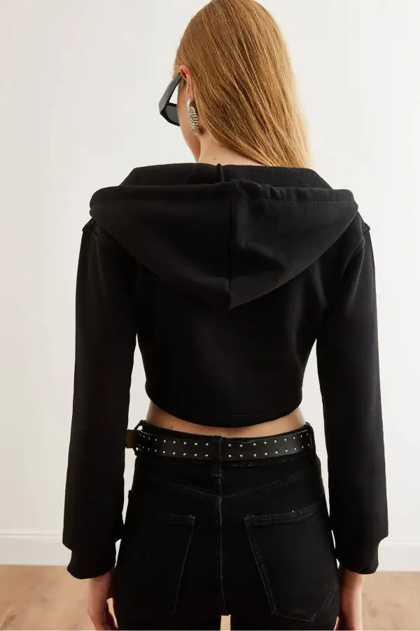 Women's Black Corset Detailed Hooded Thistle Crop Sweatshirt SWT-19000657 - 5