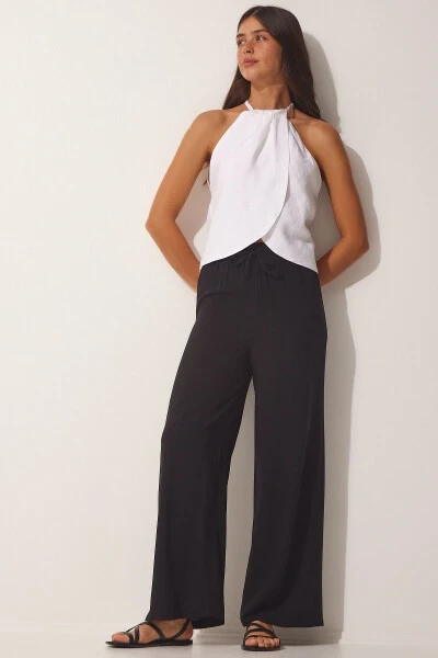 Women's Black Cotton Viscose Palazzo Pants BV00076 - HAPPINESS İSTANBUL