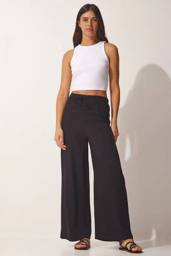 Women's Black Cotton Viscose Palazzo Pants BV00076 - 2