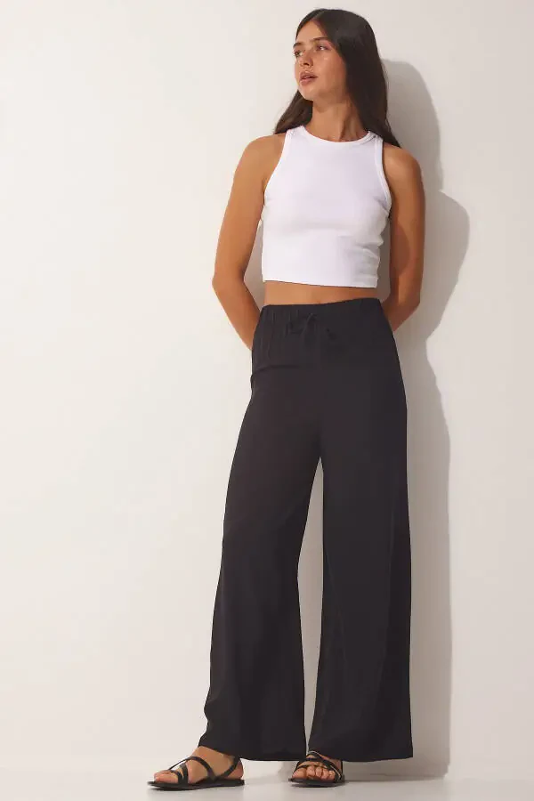 Women's Black Cotton Viscose Palazzo Pants BV00076 - 3