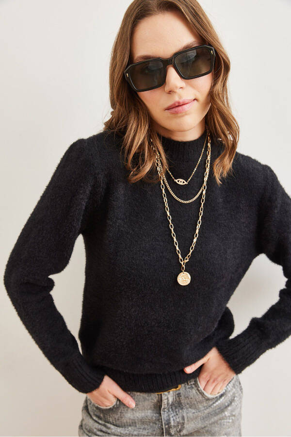 Women's Black Cowl Neck Soft Textured Beard Sweater KZK-19000858 - 2