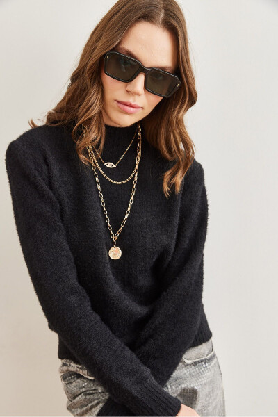 Women's Black Cowl Neck Soft Textured Beard Sweater KZK-19000858 - 4