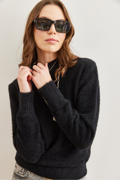 Women's Black Cowl Neck Soft Textured Beard Sweater KZK-19000858 - 5