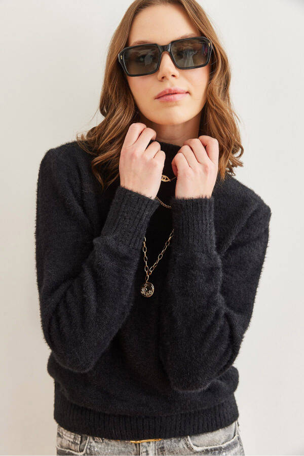 Women's Black Cowl Neck Soft Textured Beard Sweater KZK-19000858 - 1