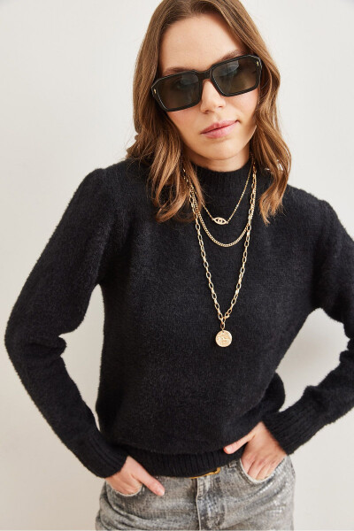 Women's Black Cowl Neck Soft Textured Beard Sweater KZK-19000858 - OLALOOK (1)