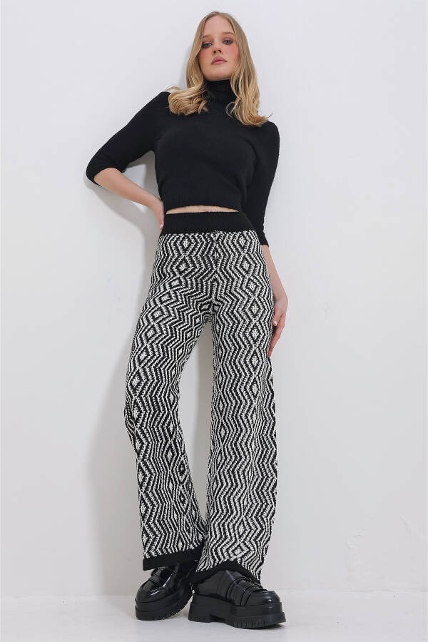 Women's Black-Cream Ethnic Pattern High Waist Knit Palazzo Pants ALC-X11405 - 1