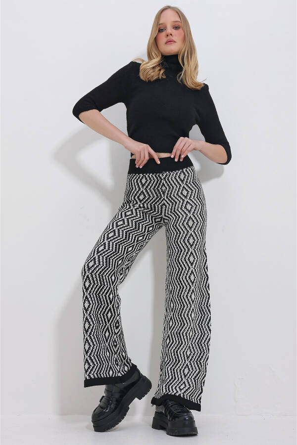 Women's Black-Cream Ethnic Pattern High Waist Knit Palazzo Pants ALC-X11405 - 2