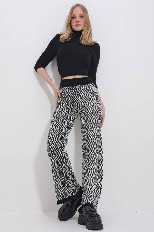 Women's Black-Cream Ethnic Pattern High Waist Knit Palazzo Pants ALC-X11405 - 3