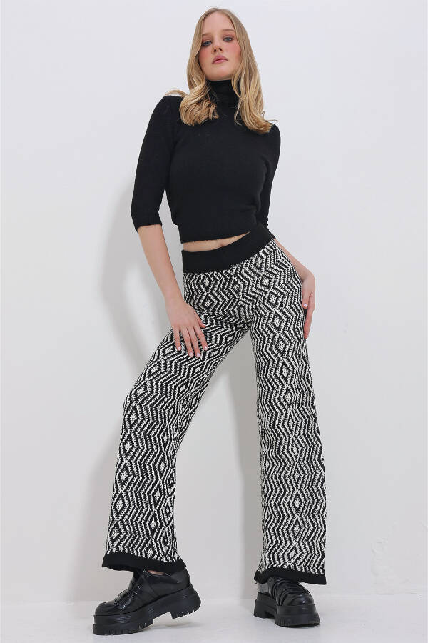 Women's Black-Cream Ethnic Pattern High Waist Knit Palazzo Pants ALC-X11405 - 5