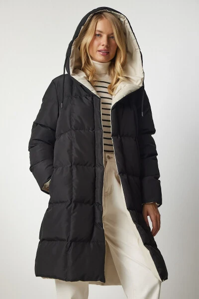 Women's Black Cream Hooded Puffer Jacket VP00005 - HAPPINESS İSTANBUL