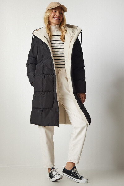 Women's Black Cream Hooded Puffer Jacket VP00005 - 3