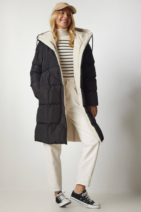 Women's Black Cream Hooded Puffer Jacket VP00005 - 3