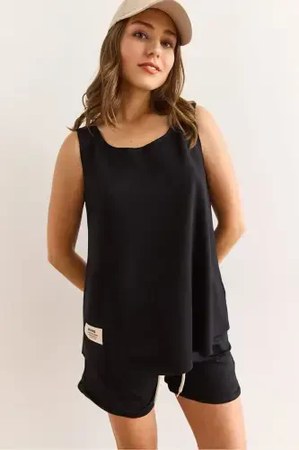 Women's Black Crest Detailed Shorts Crystal Set TKM- - 4