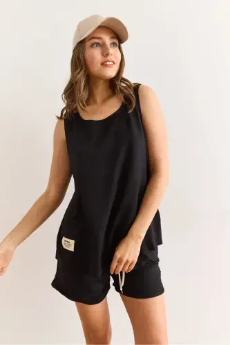 Women's Black Crest Detailed Shorts Crystal Set TKM- - 5