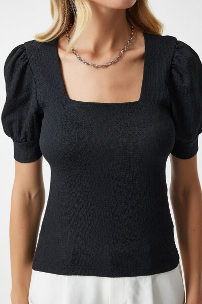 Women's Black Crew Neck Balloon Sleeve Knit Blouse DD01051 - 3