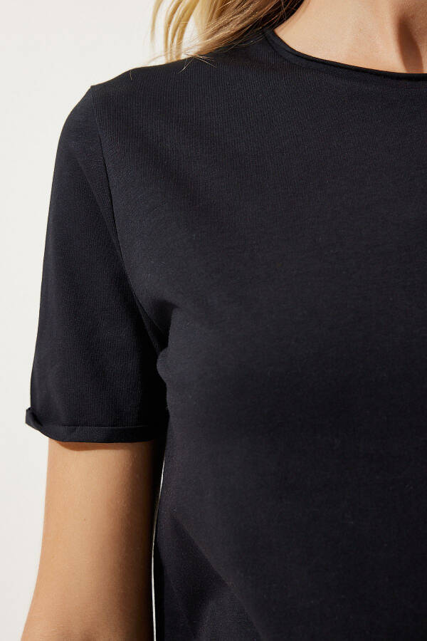 Women's Black Crew Neck Basic Knit T-Shirt UB00229 - 4