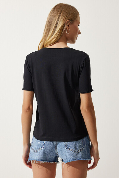 Women's Black Crew Neck Basic Knit T-Shirt UB00229 - 5
