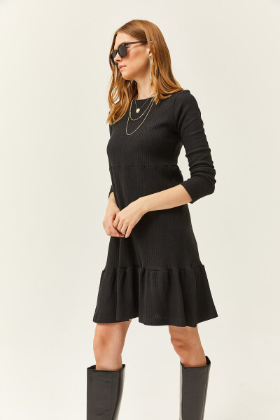 Women's Black Crew Neck Dress with Embroidered Flowers ELB-19002017 - 4