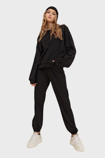 Women's Black Crew Neck Elastic Waist & Cuff Two-Thread Basic Tracksuit ALC-507-669-001 - 2