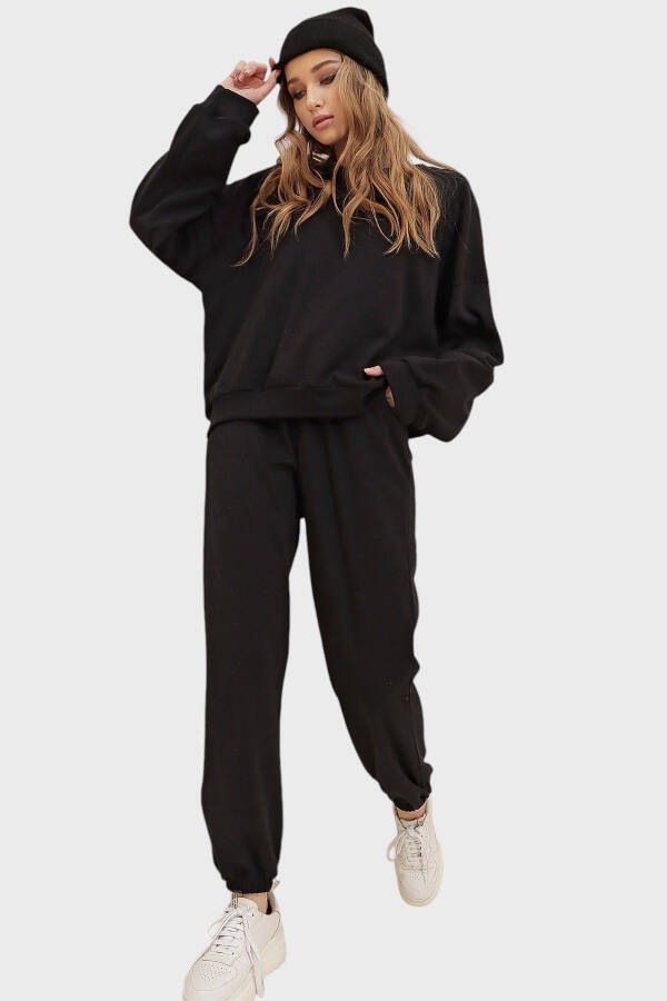 Women's Black Crew Neck Elastic Waist & Cuff Two-Thread Basic Tracksuit ALC-507-669-001 - 3