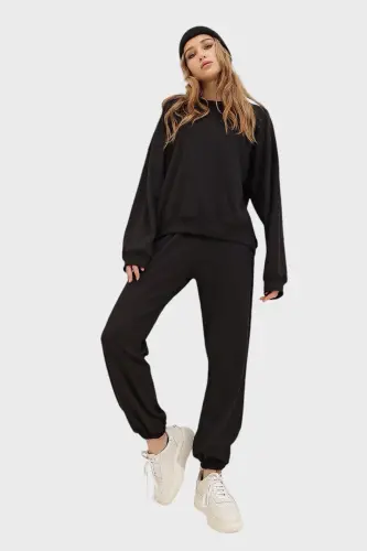 Women's Black Crew Neck Elastic Waist & Cuff Two-Thread Basic Tracksuit ALC-507-669-001 - 5
