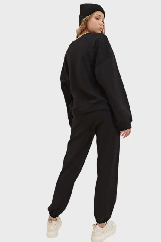 Women's Black Crew Neck Elastic Waist & Cuff Two-Thread Basic Tracksuit ALC-507-669-001 - 6
