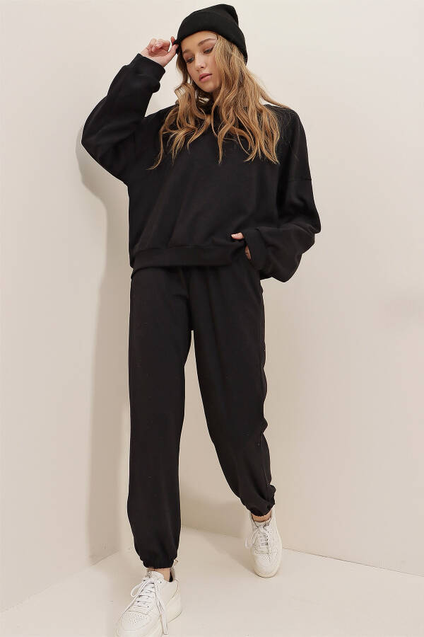 Women's Black Crew Neck Elastic Waist & Cuff Two-Thread Basic Tracksuit ALC-507-669-001 - 8