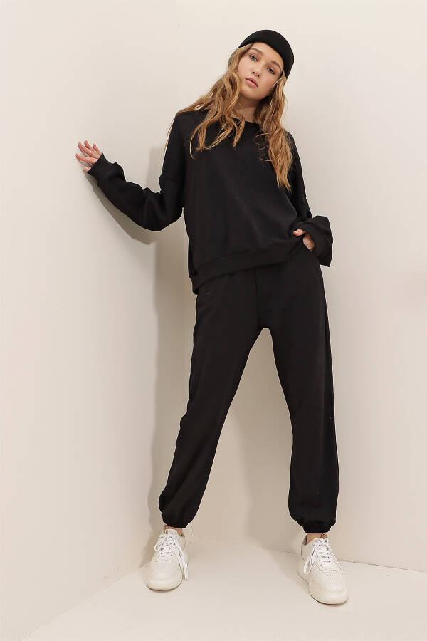 Women's Black Crew Neck Elastic Waist & Cuff Two-Thread Basic Tracksuit ALC-507-669-001 - 10