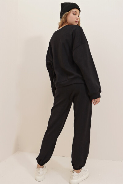 Women's Black Crew Neck Elastic Waist & Cuff Two-Thread Basic Tracksuit ALC-507-669-001 - 11