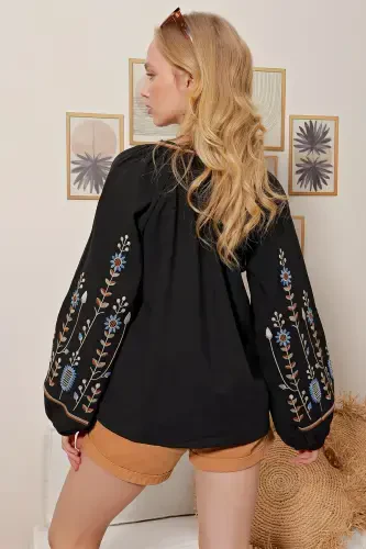 Women's Black Crew Neck Front And Sleeves Embroidered Linen Woven Blouse ALC-X10193 - 5