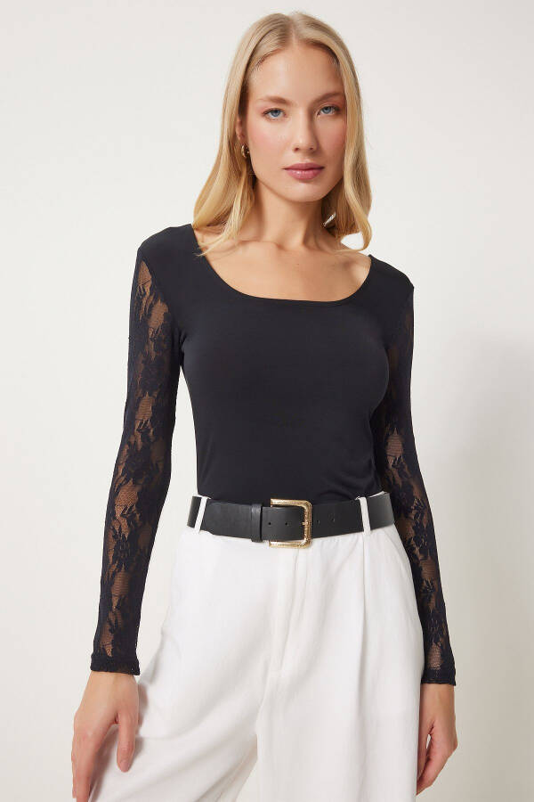 Women's Black Crew Neck Lace Sandy Knit Blouse EN00629 - 6