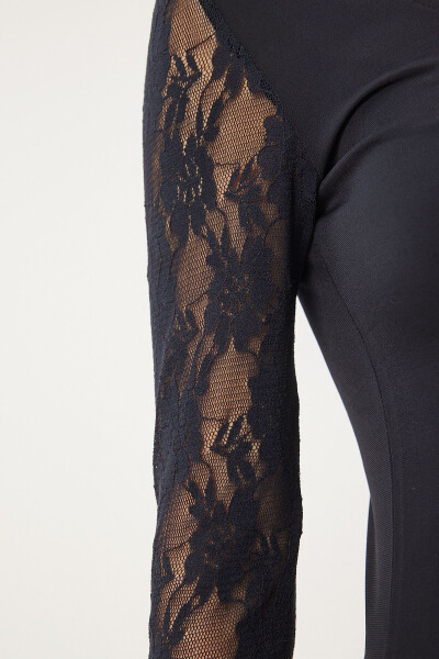 Women's Black Crew Neck Lace Sandy Knit Blouse EN00629 - 9