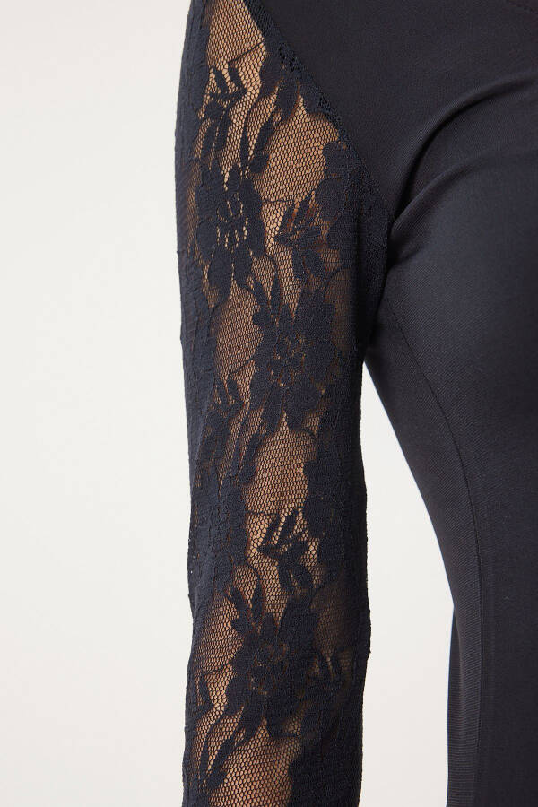 Women's Black Crew Neck Lace Sandy Knit Blouse EN00629 - 9