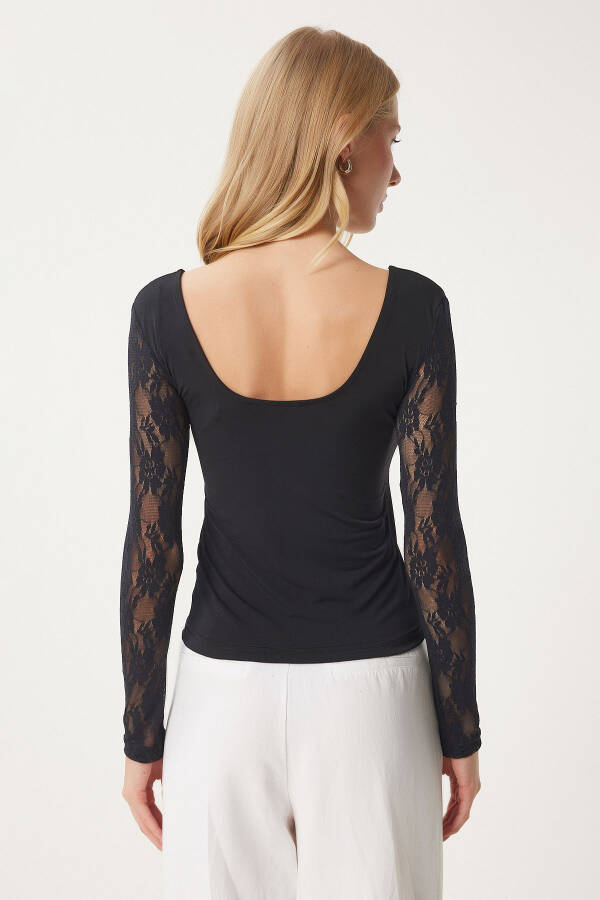 Women's Black Crew Neck Lace Sandy Knit Blouse EN00629 - 10